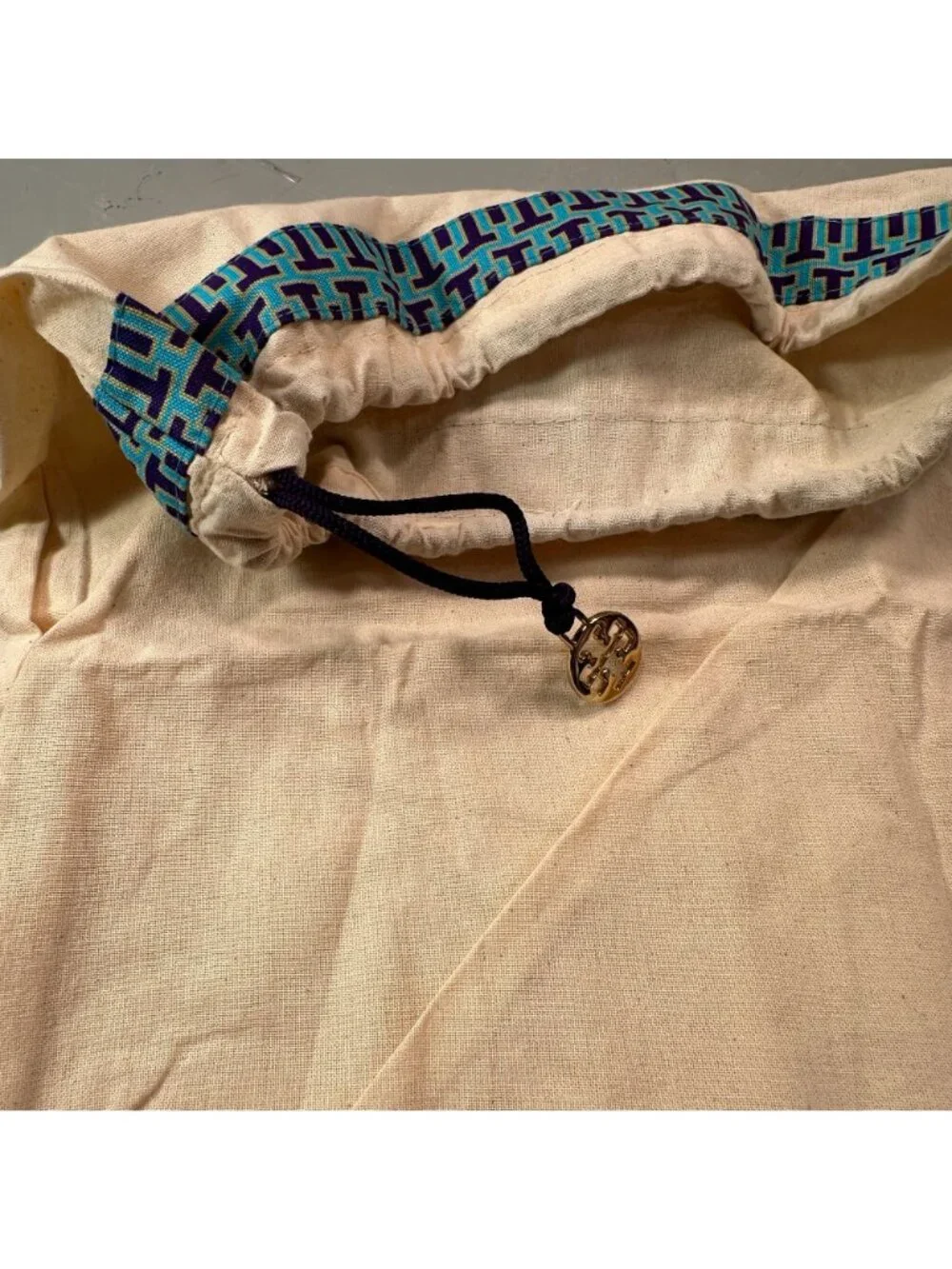 Tory Burch Canvas Dust Bag Gold Logo Charm Trim Drawstring Travel Storage